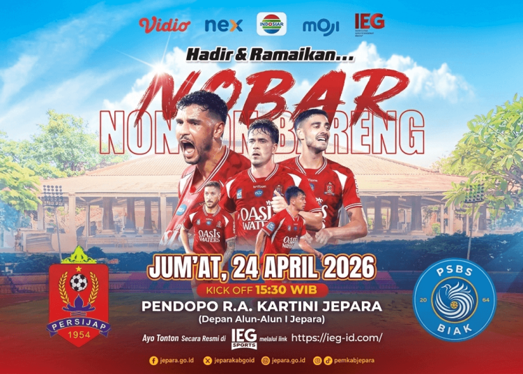 Suasana nobar Persijap Jepara vs PSBS Biak di Pendopo RA Kartini Jepara pada Jumat 24 April 2026