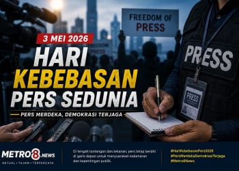 Ilustrasi jurnalis dan simbol kebebasan pers pada Hari Kebebasan Pers Sedunia 3 Mei 2026 Metro8.News