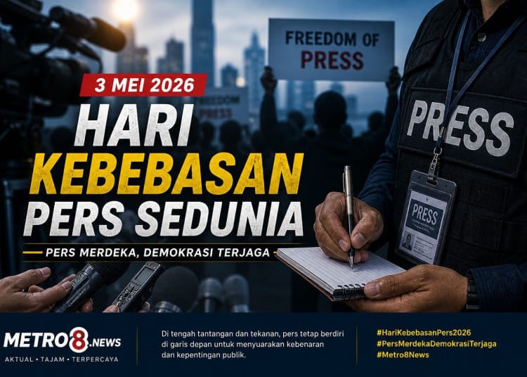 Ilustrasi jurnalis dan simbol kebebasan pers pada Hari Kebebasan Pers Sedunia 3 Mei 2026 Metro8.News