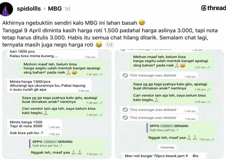 Dugaan mark up harga roti dalam program MBG di Serang viral di media sosial Threads.