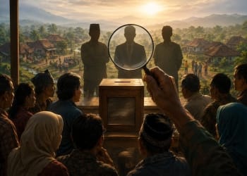 Ilustrasi warga desa mengamati calon pemimpin dalam pilpet dengan suasana musyawarah dan kotak suara