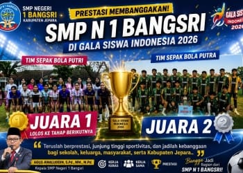 Tim sepak bola putri dan putra SMPN 1 Bangsri meraih Juara I dan Juara II pada Gala Siswa Indonesia 2026 Kabupaten Jepara.