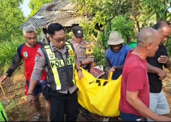 Petugas kepolisian dan warga melakukan evakuasi petani yang ditemukan meninggal di area sawah Desa Klepu, Kecamatan Keling, Kabupaten Jepara.