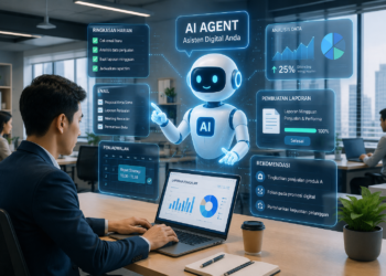 Ilustrasi AI Agent membantu pekerjaan digital di kantor modern menggunakan kecerdasan buatan.