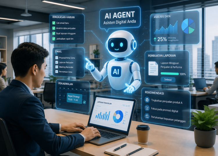 Ilustrasi AI Agent membantu pekerjaan digital di kantor modern menggunakan kecerdasan buatan.