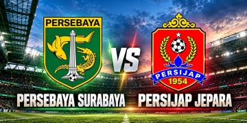Logo Persijap Jepara dan Persebaya Surabaya dalam poster pertandingan pekan ke-8 Indonesia Super League di Stadion Gelora Bung Tomo.
