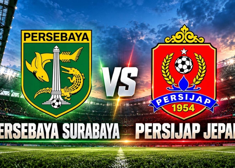 Logo Persijap Jepara dan Persebaya Surabaya dalam poster pertandingan pekan ke-8 Indonesia Super League di Stadion Gelora Bung Tomo.